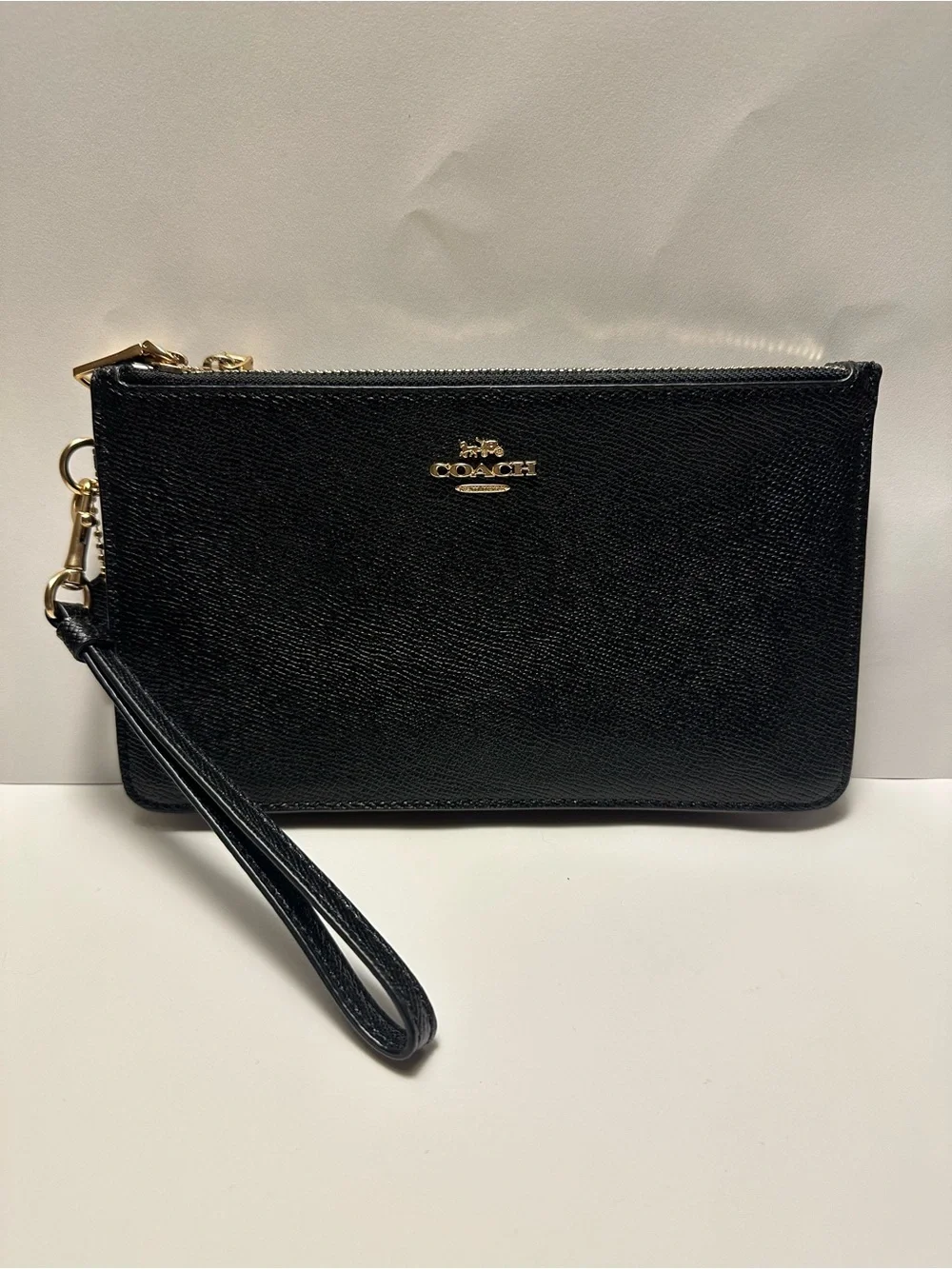 Coach Black Leather Wristlet Clutch with Gold Hardware